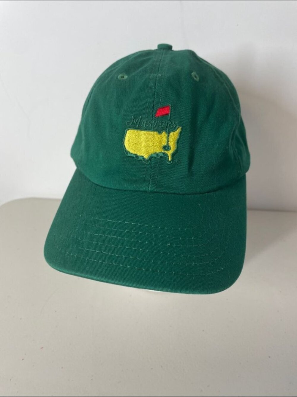 Masters American Needle Green Hat with Yellow Logo and Red Accent Golfing